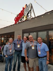 Robbie Cox, Jay Steinmetz, Doug Houser, Mike Kula and Bob Kroskie in front of a resturant